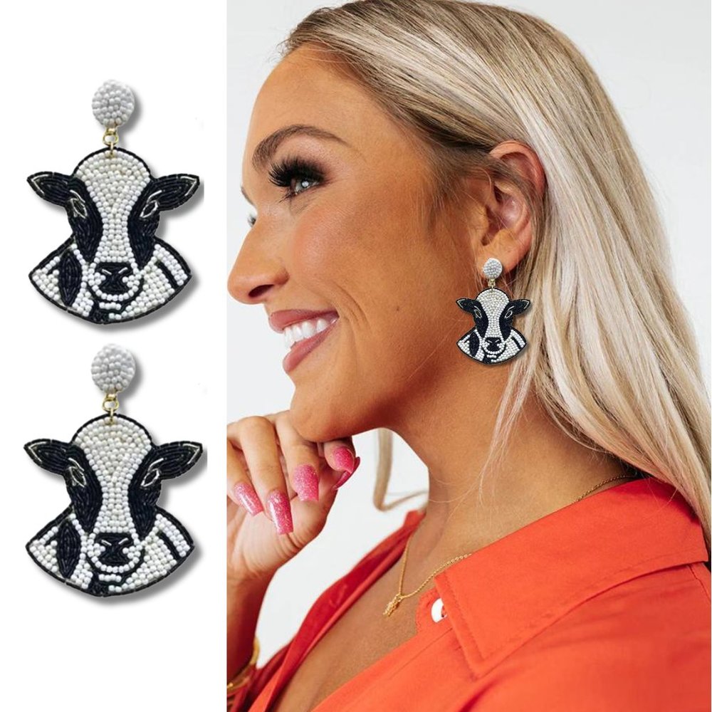 Black White Cow Farm Animal Cowgirl Western Earrings Seed Bead Statement NEW